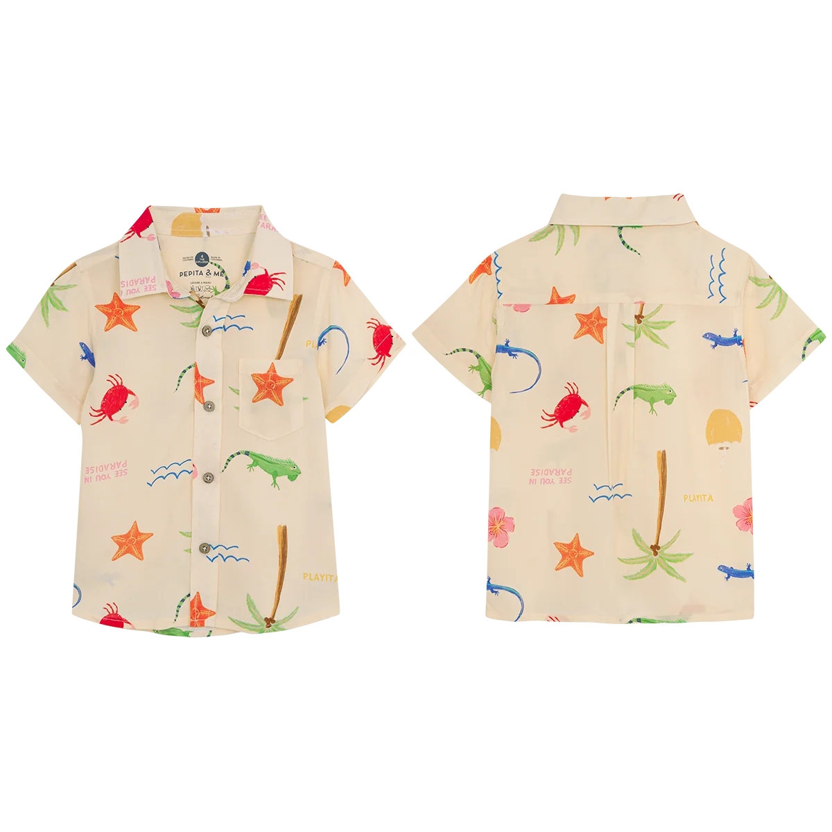 Pepita & Me Baby Boys' and Boys' Guayabera Button Down shown front and back, with crabs, lizards, palm trees, and starfish on light beige—ideal summer shirt made from natural fibers.