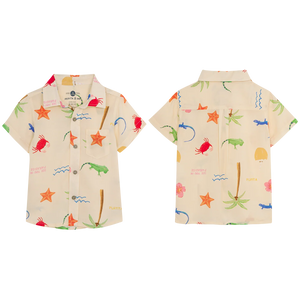 Pepita & Me Baby Boys' and Boys' Guayabera Button Down shown front and back, with crabs, lizards, palm trees, and starfish on light beige—ideal summer shirt made from natural fibers.