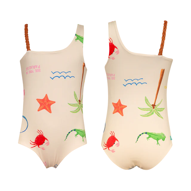 The Pepita & Me Girls' Marea One Piece features braided straps and tropical prints—starfish, crab, palm tree, and iguana—in green, orange, and red on a cream background. Perfect for summer adventures!.