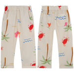 The Pepita & Me Girls' Abi Pants feature an elastic waistband and ultra-soft fabric with colorful prints—crabs, palm trees, waves, and tropical motifs—ideal for everyday wear. Shown in both front and back views.