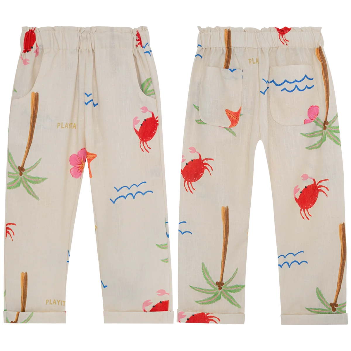 The Pepita & Me Girls' Abi Pants feature an elastic waistband and ultra-soft fabric with colorful prints—crabs, palm trees, waves, and tropical motifs—ideal for everyday wear. Shown in both front and back views.
