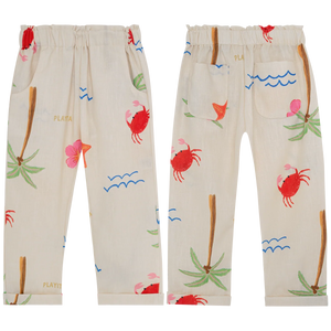 The Pepita & Me Girls' Abi Pants feature an elastic waistband and ultra-soft fabric with colorful prints—crabs, palm trees, waves, and tropical motifs—ideal for everyday wear. Shown in both front and back views.