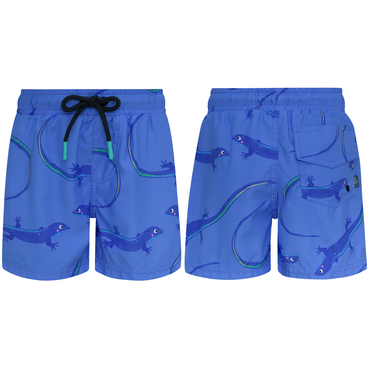 Front and back views of Pepita & Me Baby Boys' and Boys' Lobito Isleño Swim Trunks in blue, featuring a playful lizard print, black drawstring, back pocket with button closure, and quick-dry fabric for comfy swims.
