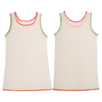 Two sleeveless Girls' Kaya Dresses by Pepita & Me in white knit feature breezy, textured fabric; one has green and pink trim, the other is edged in green and orange—a perfect warm-weather style for toddlers.