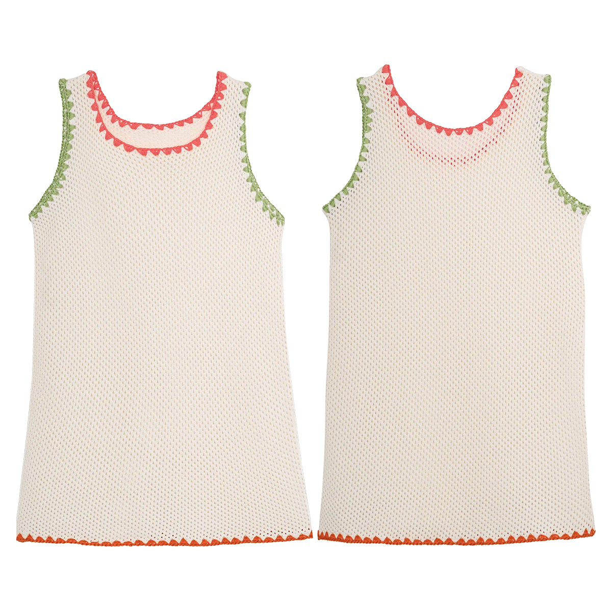Two sleeveless Girls' Kaya Dresses by Pepita & Me in white knit feature breezy, textured fabric; one has green and pink trim, the other is edged in green and orange—a perfect warm-weather style for toddlers.