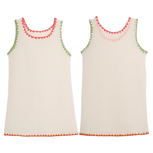 Two sleeveless Girls' Kaya Dresses by Pepita & Me in white knit feature breezy, textured fabric; one has green and pink trim, the other is edged in green and orange—a perfect warm-weather style for toddlers.