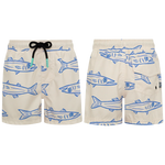 Pepita & Me Baby Boys' and Boys' Barracuda Arena Swim Trunks in beige with blue fish pattern, black drawstring, quick-dry fabric, and a back pocket; front and back views shown.