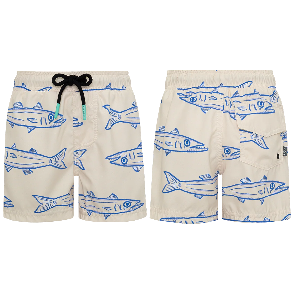 Pepita & Me Baby Boys' and Boys' Barracuda Arena Swim Trunks in beige with blue fish pattern, black drawstring, quick-dry fabric, and a back pocket; front and back views shown.