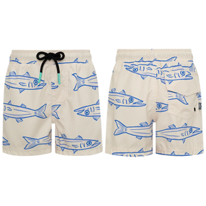 Pepita & Me Baby Boys' and Boys' Barracuda Arena Swim Trunks in beige with blue fish pattern, black drawstring, quick-dry fabric, and a back pocket; front and back views shown.