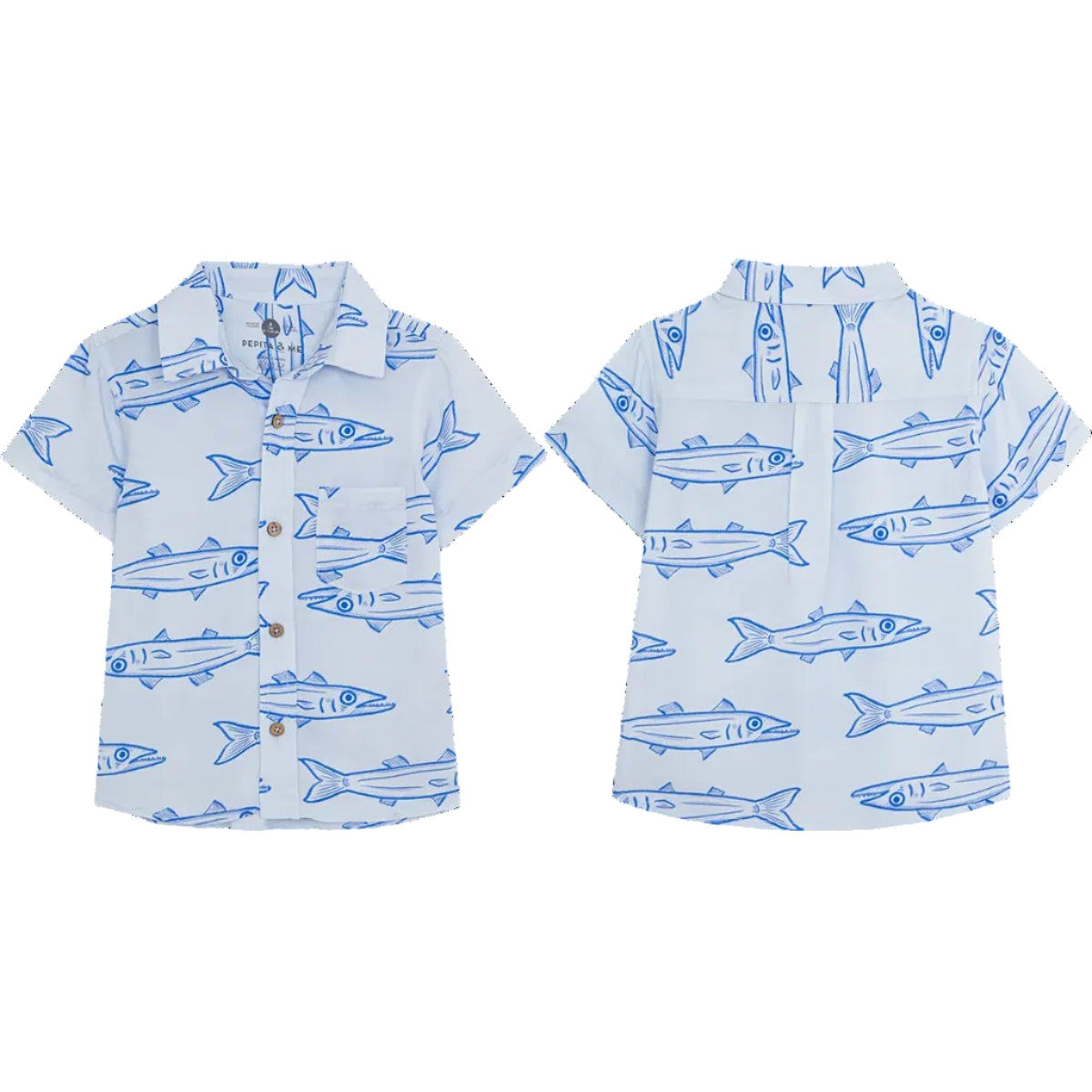 Pepita & Me Baby Boys' and Boys' Guayabera Button Down, shown front and back on white. Features a blue fish pattern and is crafted from natural fiber for comfort and breathability.