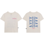 Pepita & Me Baby Boys' and Boys' cream cotton crew-neck t-shirt with a small pink fish on the front, large blue fish and “TO PARADISE” text on the back, and classic short sleeves.