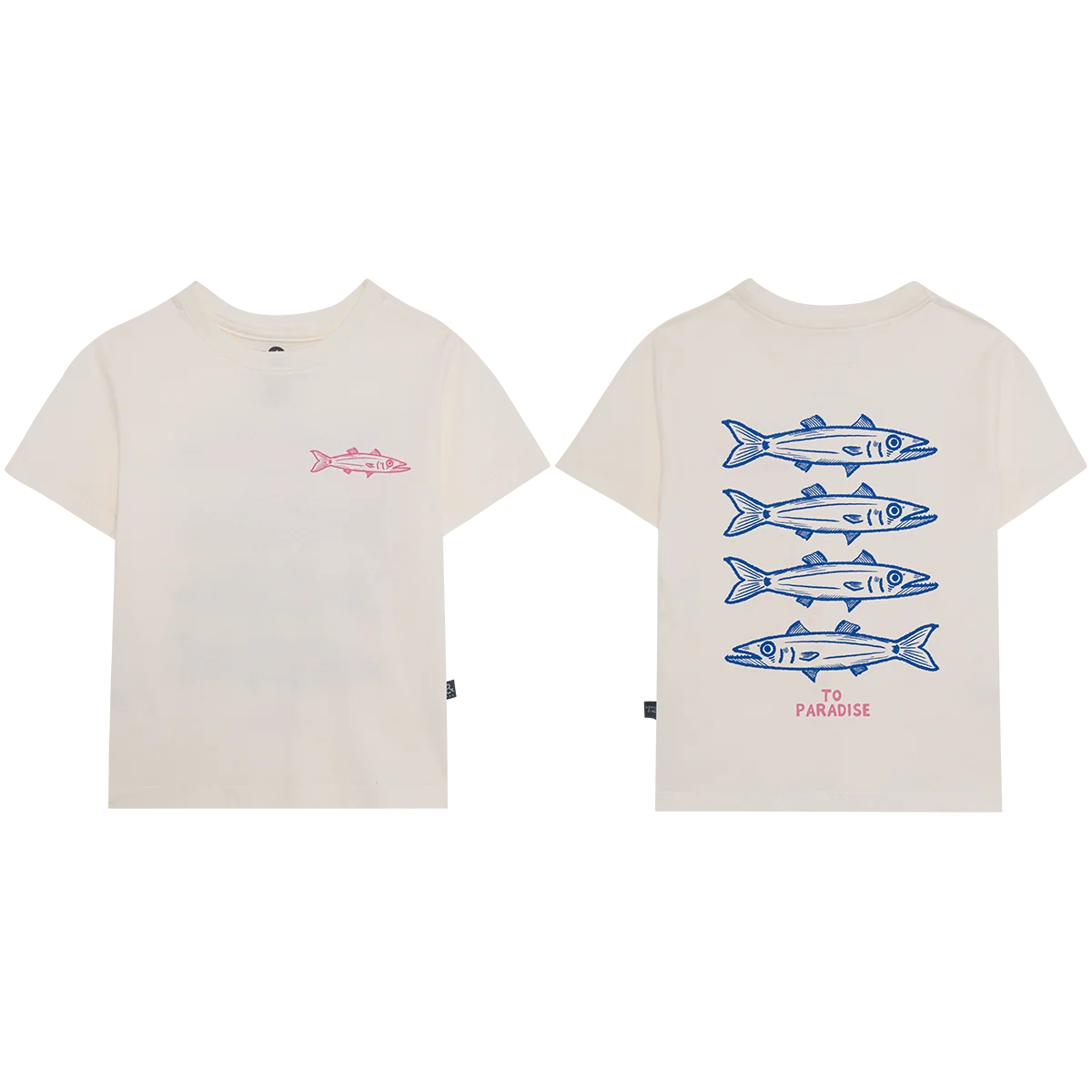 Pepita & Me Baby Boys' and Boys' cream cotton crew-neck t-shirt with a small pink fish on the front, large blue fish and “TO PARADISE” text on the back, and classic short sleeves.