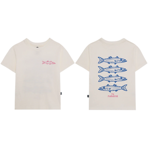 Pepita & Me Baby Boys' and Boys' cream cotton crew-neck t-shirt with a small pink fish on the front, large blue fish and “TO PARADISE” text on the back, and classic short sleeves.