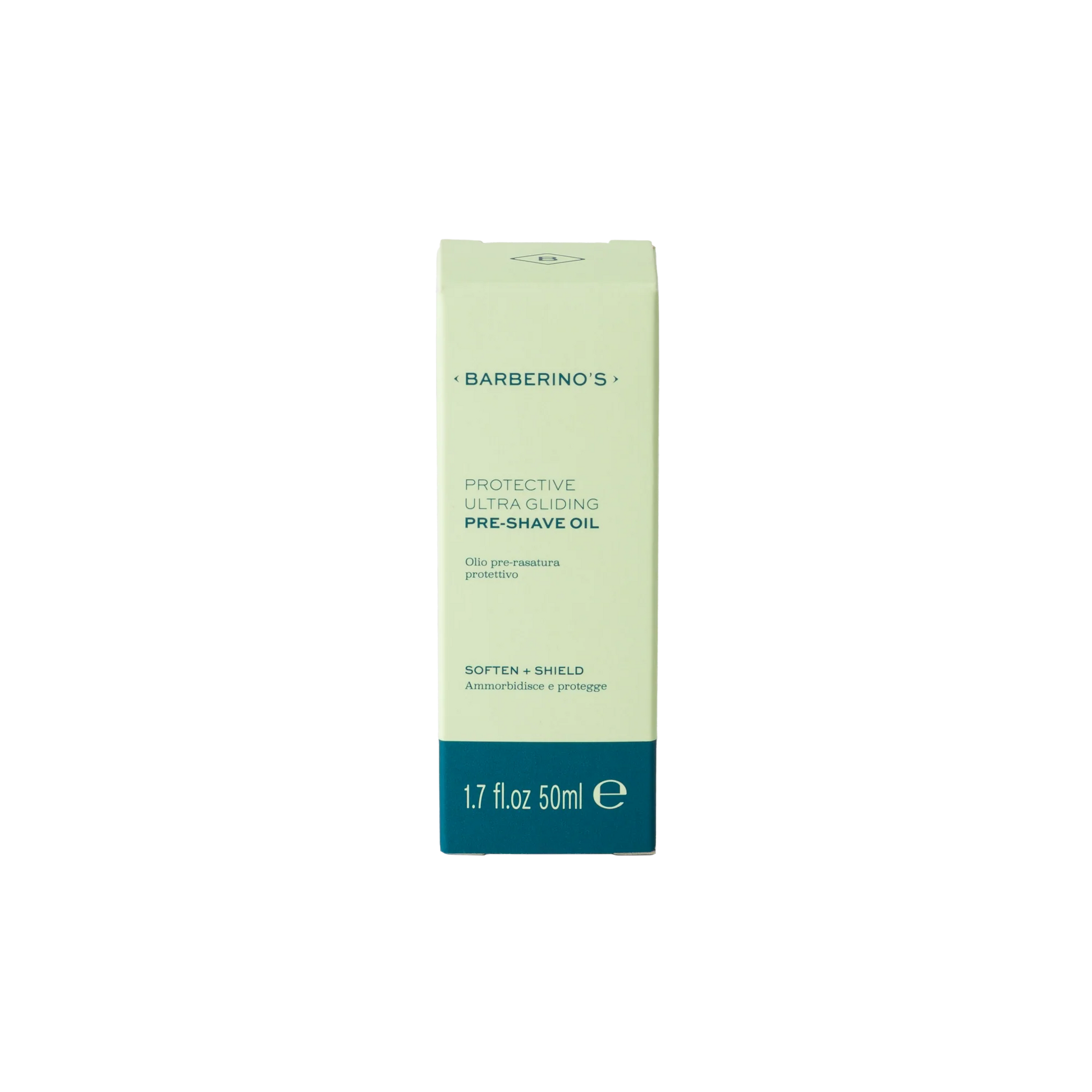A light green and blue rectangular box of Barberino's Protective Ultra Gliding Pre-Shave Oil, 1.7 fl oz (50 ml), stands upright, offering enhanced razor glide for a smoother shave.