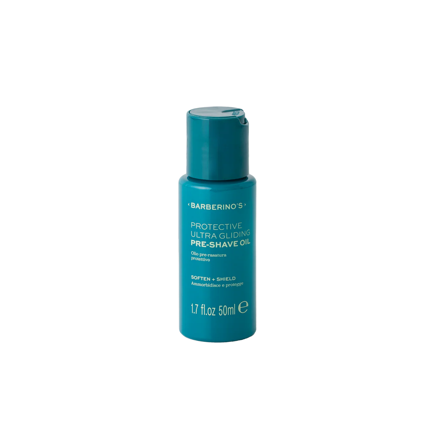 A 50ml teal bottle of Barberino's Protective Ultra Gliding Pre-Shave Oil with a pump dispenser, designed to boost razor glide for smoother shaves, is displayed against a plain white background.