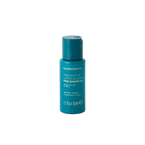 A 50ml teal bottle of Barberino's Protective Ultra Gliding Pre-Shave Oil with a pump dispenser, designed to boost razor glide for smoother shaves, is displayed against a plain white background.