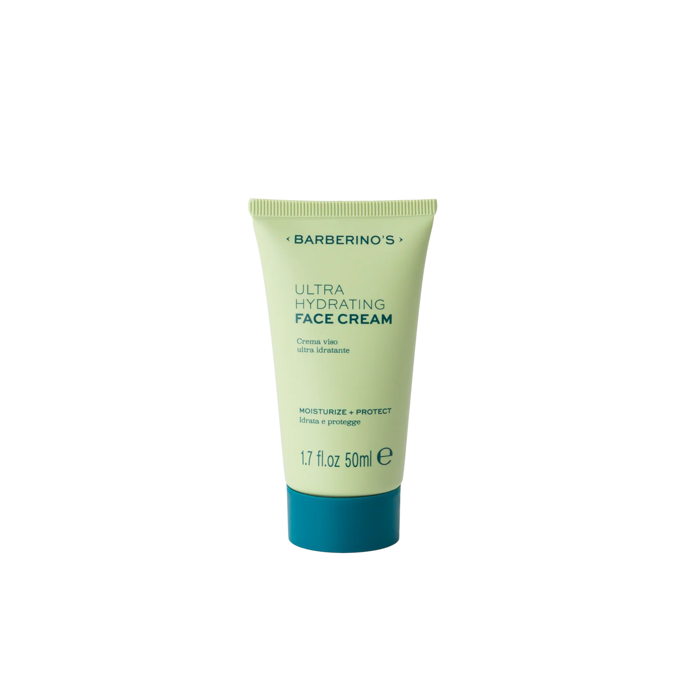 A 50 ml tube of Barberino's Ultra Hydrating Face Cream stands upright against a white background, featuring green packaging with blue accents.