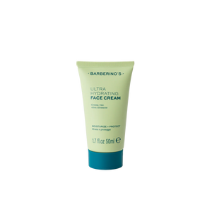 A 50 ml tube of Barberino's Ultra Hydrating Face Cream stands upright against a white background, featuring green packaging with blue accents.