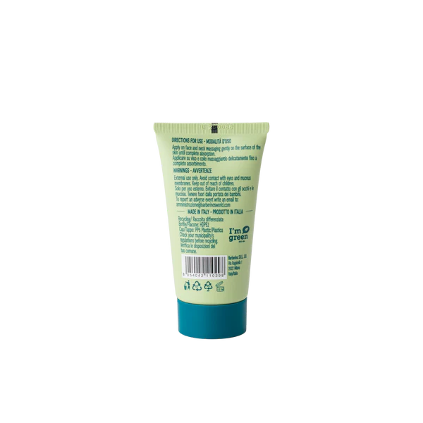 Back view of Barberino’s Ultra Hydrating Face Cream in a green tube with teal cap, showing directions, warnings, and recycling symbols—perfect for men seeking daily hydration.