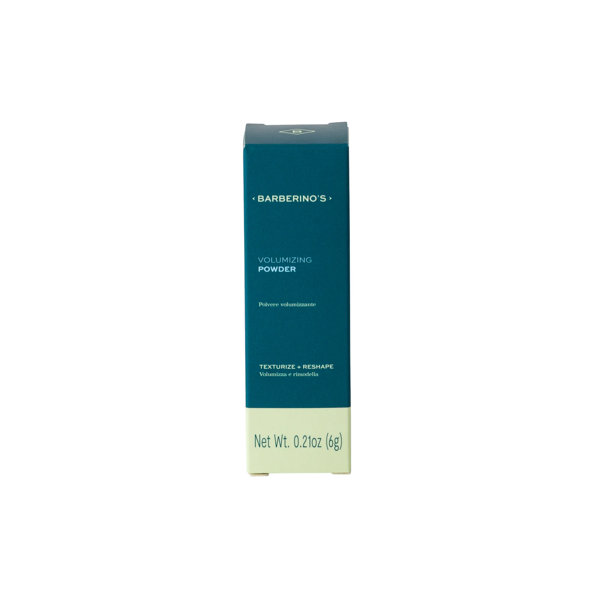 A box of Barberino's Volumizing Powder stands upright against a plain white background, displaying its product details.