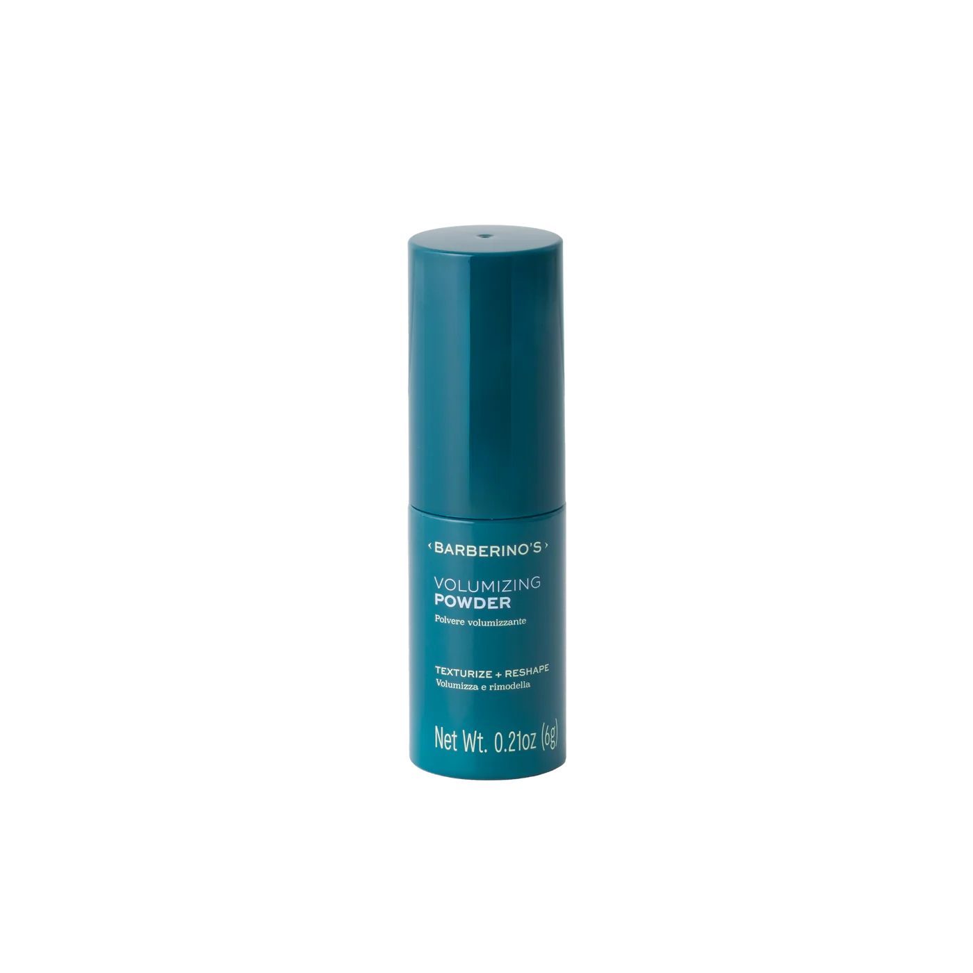 A teal bottle labeled "Barberino's Volumizing Powder" for fine hair, texturizing and reshaping, net wt. 6g.