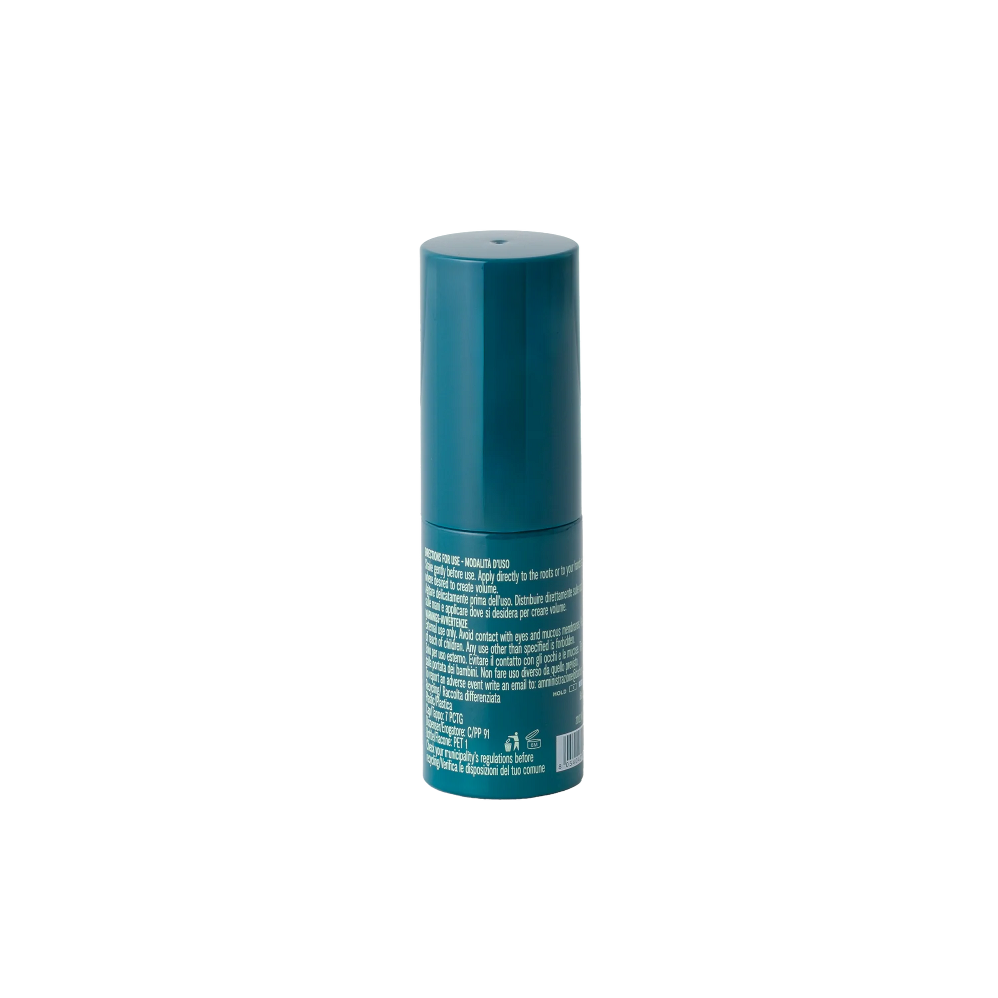 A teal cylindrical Barberino's Volumizing Powder bottle with a labeled back view is displayed on a plain white background—ideal for adding lift and texture to fine hair.