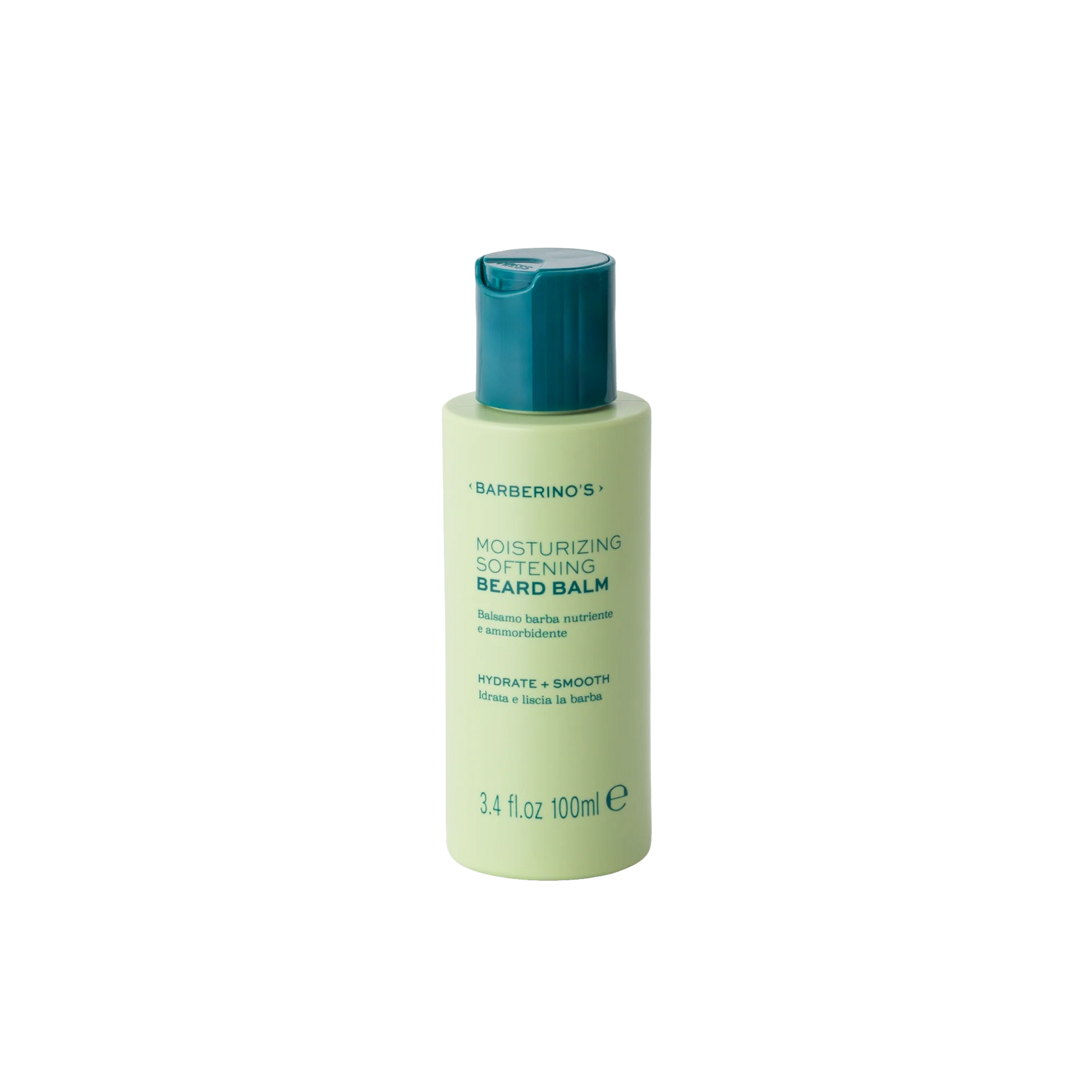 A 100 ml bottle of Barberino's Moisturizing Beard Balm with a green body and dark green cap, ideal for beard care, is displayed against a plain white background.