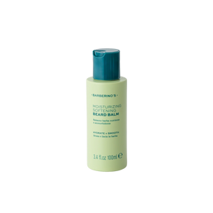 A 100 ml bottle of Barberino's Moisturizing Beard Balm with a green body and dark green cap, ideal for beard care, is displayed against a plain white background.