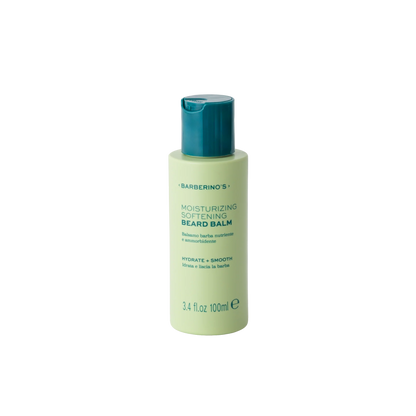 A 100 ml bottle of Barberino's Moisturizing Beard Balm with a green body and dark green cap, ideal for beard care, is displayed against a plain white background.