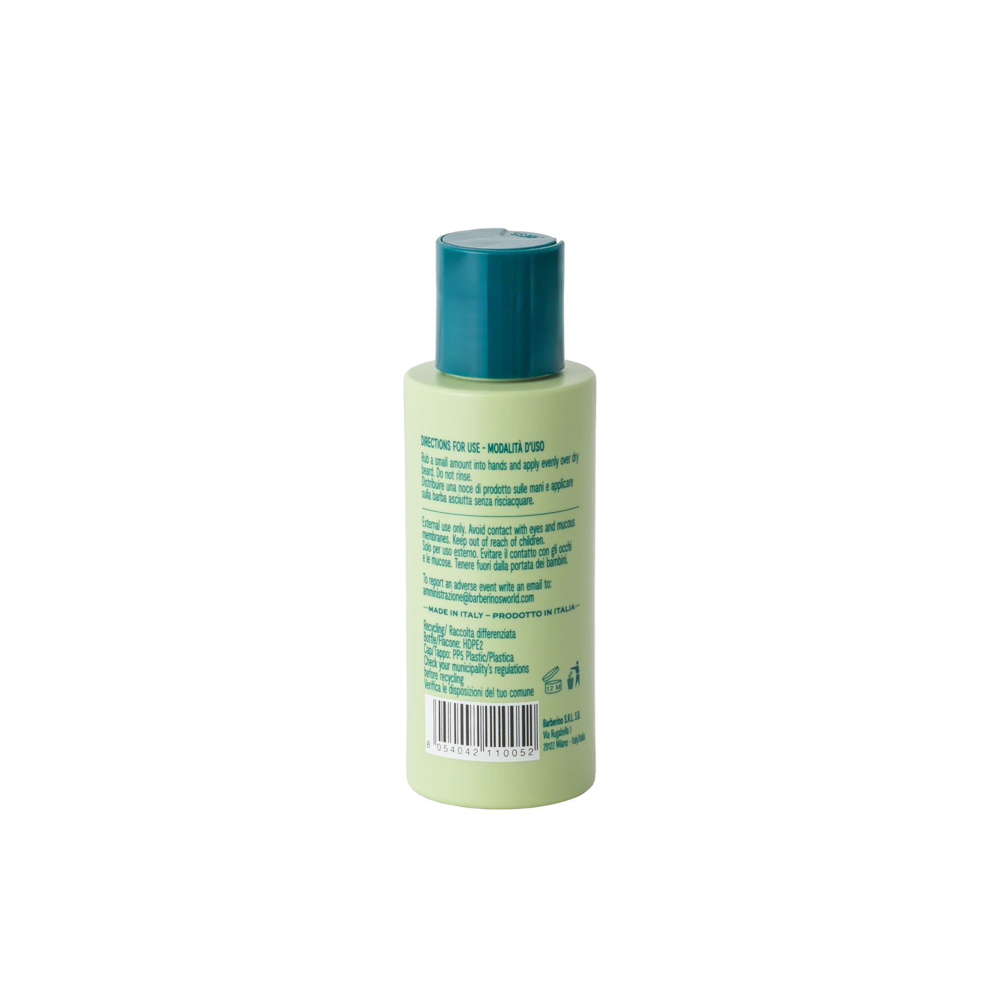 A small green plastic bottle with a dark green cap from Barberino's, shown from the back with product info and barcode—perfect for moisturizing beard care or pairing with Moisturizing Beard Balm.
