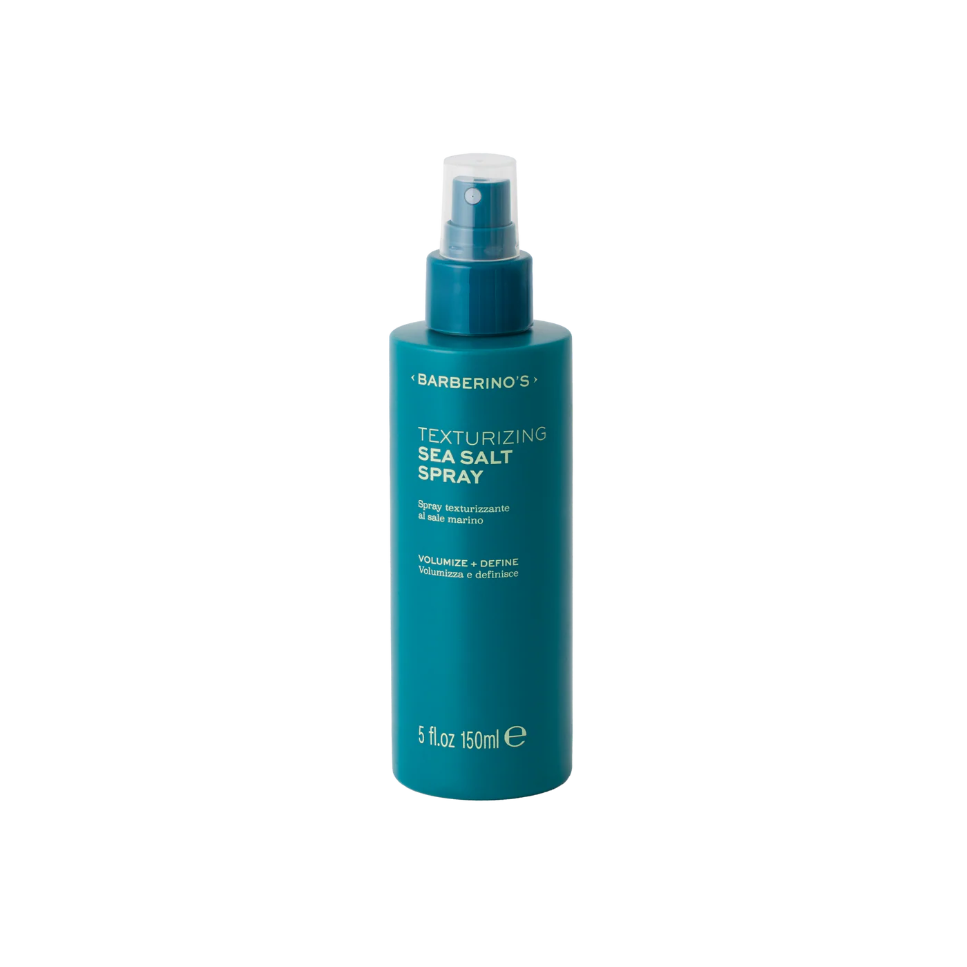 Barberino's Texturizing Sea Salt Spray, 150ml, comes in a teal bottle with a spray nozzle and white label—ideal for effortlessly creating textured hair and natural beach waves.