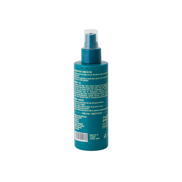 A teal Barberino's Texturizing Sea Salt Spray bottle with a clear cap, shown from the back, displays white instructions—ideal for easy beach waves.