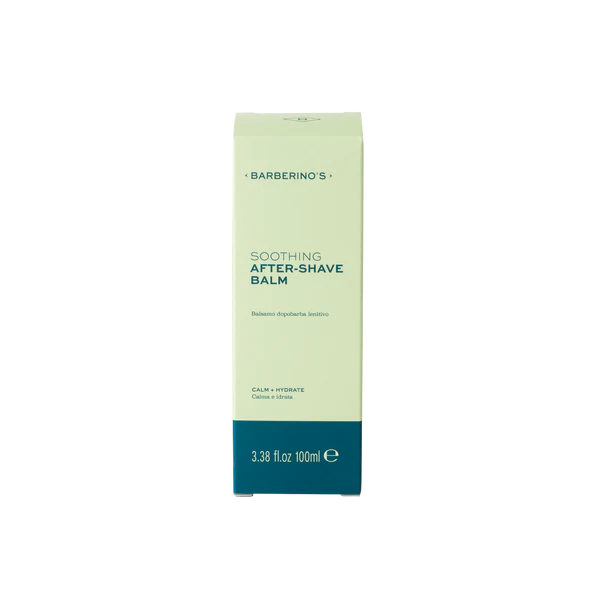 A light green and blue box of Barberino's Soothing After Shave Balm (3.38 fl oz/100 ml) offers deep hydration, making it a must-have for your grooming routine. Shown on a plain white background.