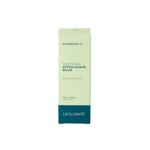 A light green and blue box of Barberino's Soothing After Shave Balm (3.38 fl oz/100 ml) offers deep hydration, making it a must-have for your grooming routine. Shown on a plain white background.