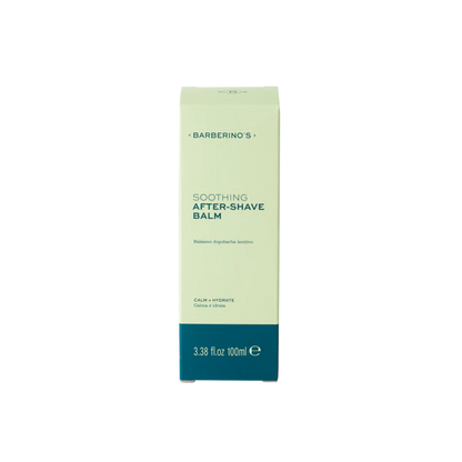 A light green and blue box of Barberino's Soothing After Shave Balm (3.38 fl oz/100 ml) offers deep hydration, making it a must-have for your grooming routine. Shown on a plain white background.