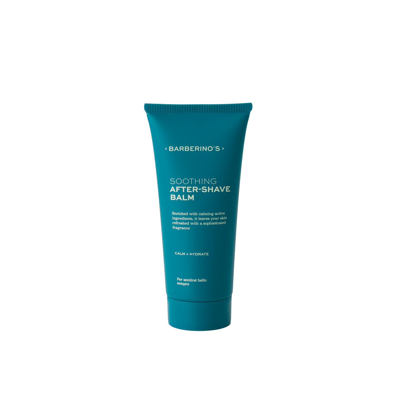 A teal tube of Barberino's Soothing After Shave Balm stands upright against a white background, ideal for deeply hydrating your grooming routine.