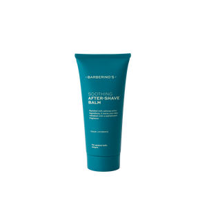 A teal tube of Barberino's Soothing After Shave Balm stands upright against a white background, ideal for deeply hydrating your grooming routine.