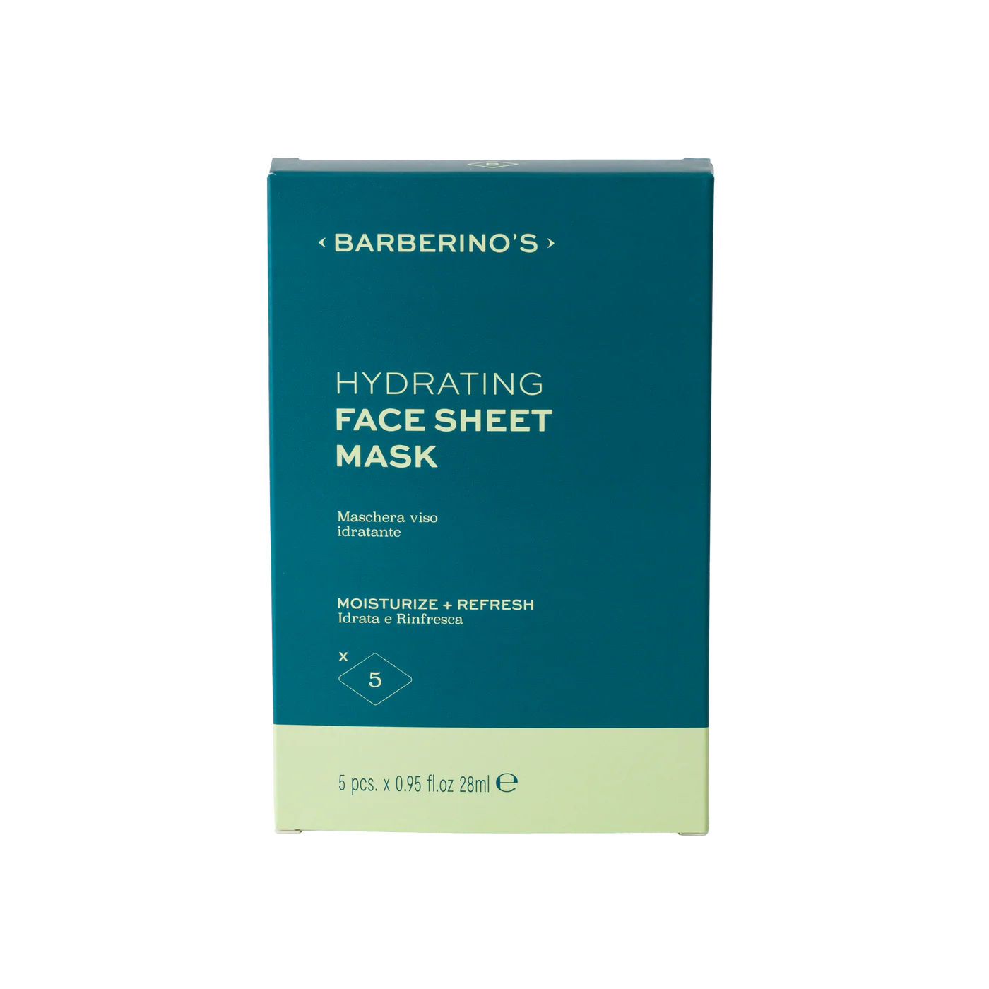 Barberino’s Hydrating Face Sheet Mask (5 pcs): Ideal for your skincare routine, delivers deep moisture. Packaging includes product details in English and Italian.