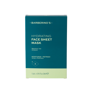 Barberino’s Hydrating Face Sheet Mask (5 pcs): Ideal for your skincare routine, delivers deep moisture. Packaging includes product details in English and Italian.