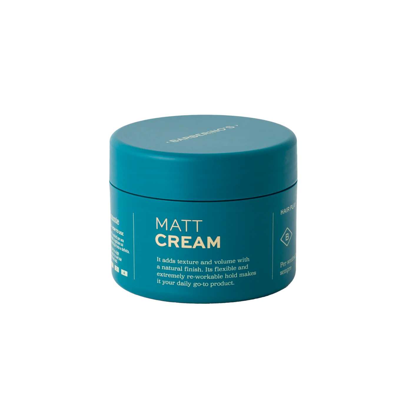 A teal container labeled "Matt Cream" by Barberino's for hair, featuring anti-frizz benefits, added texture and volume, and a reworkable medium hold.