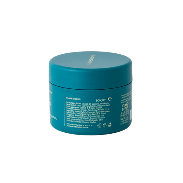 A teal 100ml jar of Barberino's Matt Cream shown from the back displays its ingredients, product info, recycling and cruelty-free symbols. It offers anti-frizz benefits for a smooth, polished look.