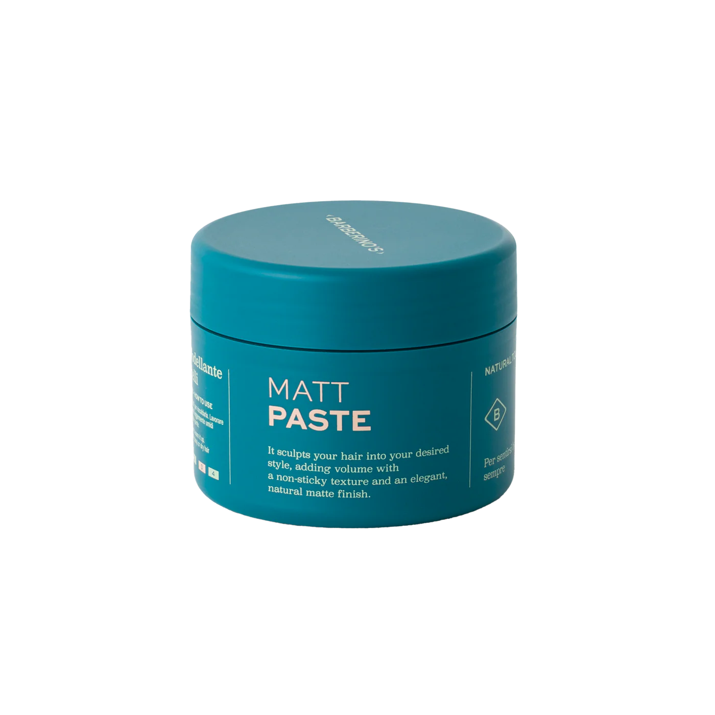 A teal Barberino's Matt Paste container with white text and a twist-off lid, ideal for textured hairstyles and a matte finish, is photographed against a plain white background.