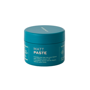 A teal Barberino's Matt Paste container with white text and a twist-off lid, ideal for textured hairstyles and a matte finish, is photographed against a plain white background.