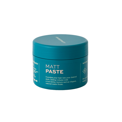 A teal Barberino's Matt Paste container with white text and a twist-off lid, ideal for textured hairstyles and a matte finish, is photographed against a plain white background.