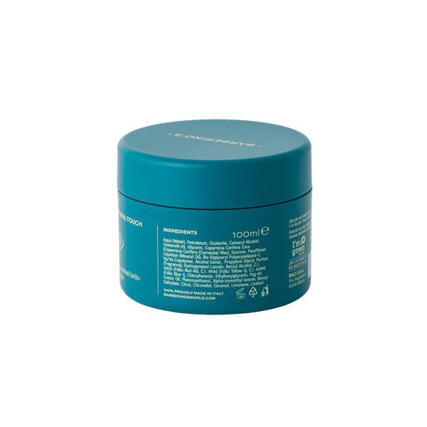 Barberino's Matt Paste comes in a teal cylindrical container with a matte finish and lid, featuring ingredient and product info on the side. Ideal for anyone wanting a premium hair styling solution for textured looks.