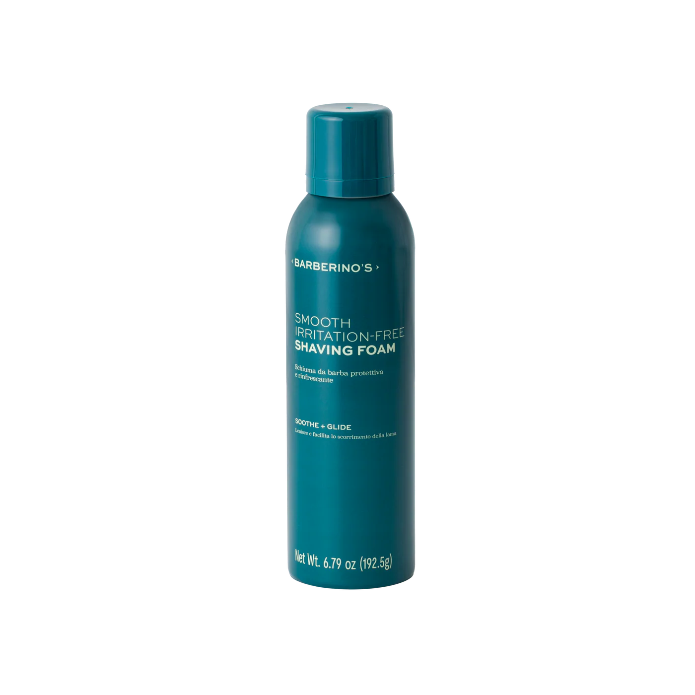 A teal can of Barberino's Smooth Irritation-Free Shaving Foam, 6.77 oz (192.5 g), for sensitive skin stands upright against a white background.