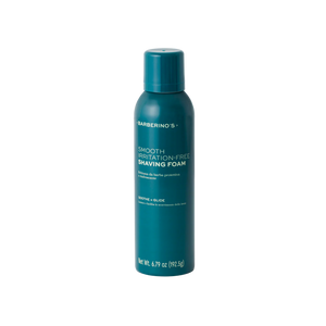 A teal can of Barberino's Smooth Irritation-Free Shaving Foam, 6.77 oz (192.5 g), for sensitive skin stands upright against a white background.