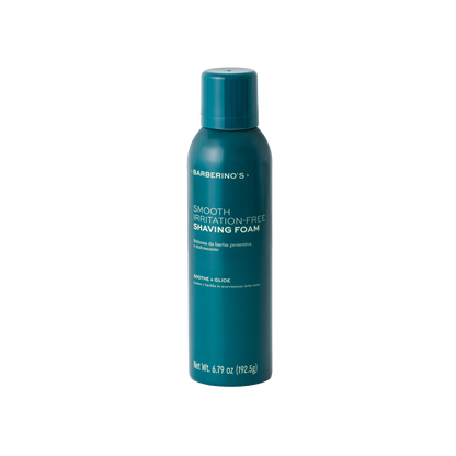 A teal can of Barberino's Smooth Irritation-Free Shaving Foam, 6.77 oz (192.5 g), for sensitive skin stands upright against a white background.