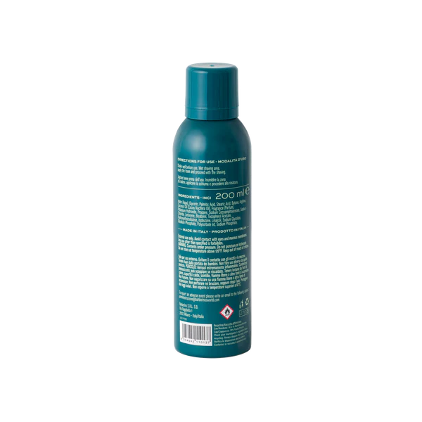 A teal aerosol can of Barberino's Smooth Irritation-Free Shaving Foam is shown from the back, with white text listing product info, ingredients, usage directions, and safety warnings—perfect for a smooth shave and gentle on sensitive skin.