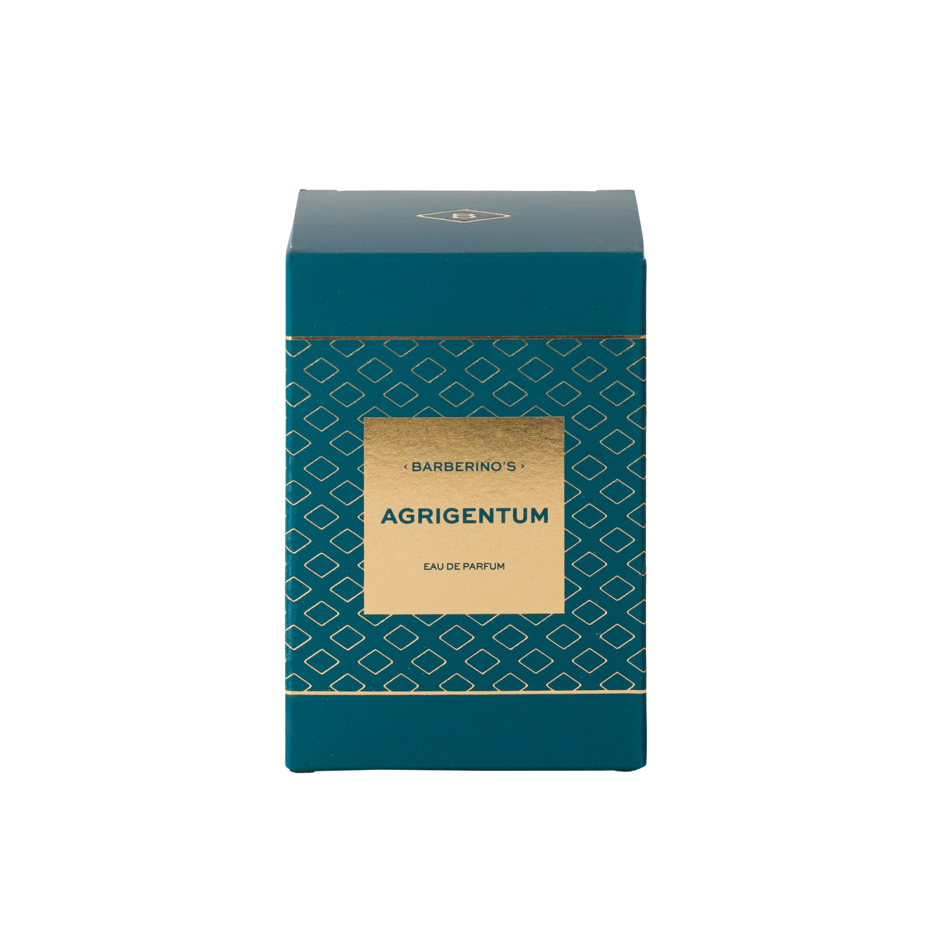 A teal rectangular box with gold geometric patterns and a gold label reading "Barberino's Agrigentum Perfume Cologne," reflecting the brand's radiant cologne and lively citrus fragrance.